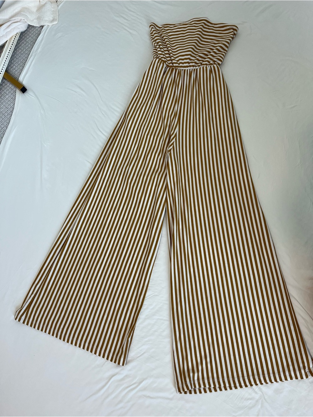 American Eagle Striped Strapless Wide-Leg Jumpsuit in Mustard - Picture 3 of 10